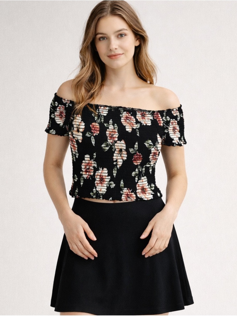 Kendall & Kylie Floral Smocked Off Shoulder Crop Top Black M